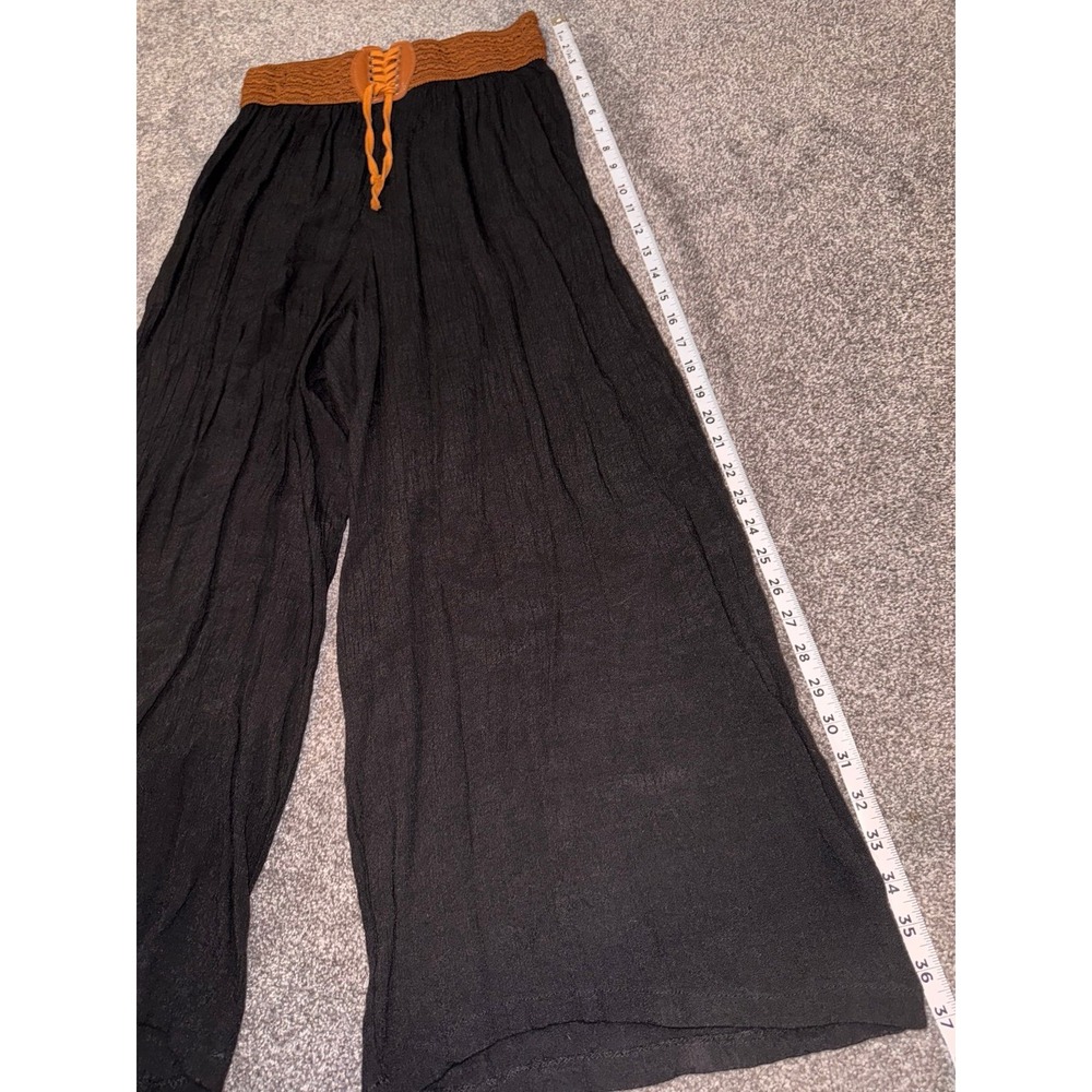 Women's Black Wide Leg Pants with Brown Woven Belt - Picture 3 of 6